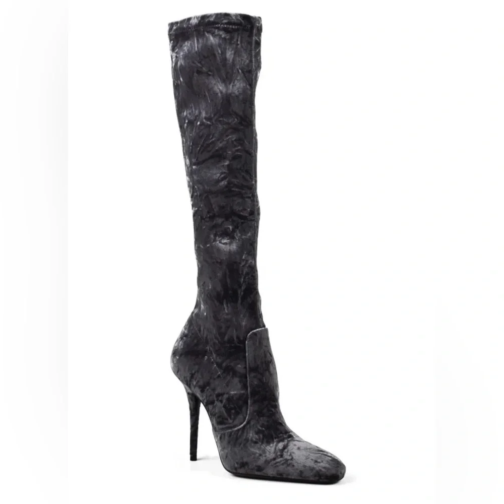 Saint Laurent Talia 110 Crushed Velvet Knee Boot 37 Gray - Picture 2 of 10